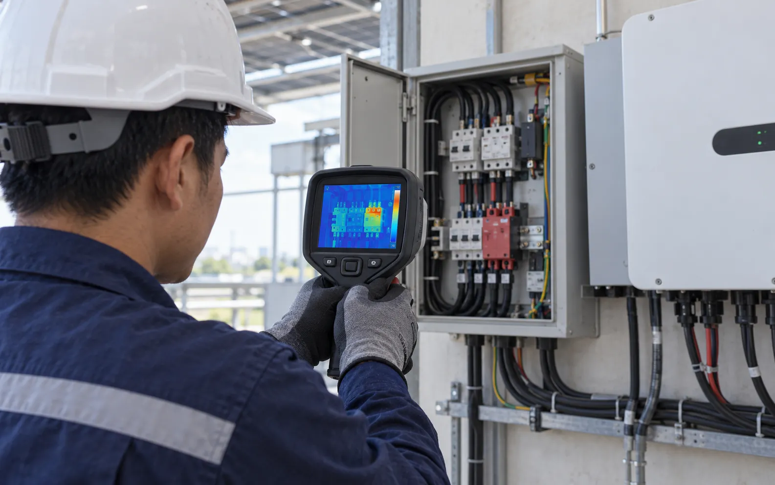Dịch vụ O&M điện mặt trời hộ gia đình TP.HCM 5 Minh họa kỹ thuật viên dùng camera nhiệt kiểm tra tủ điện cạnh inverter